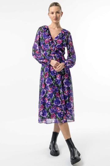 Faux Wrap Ruffle Detail Midi Dress in Purple Floral ANGELEYE